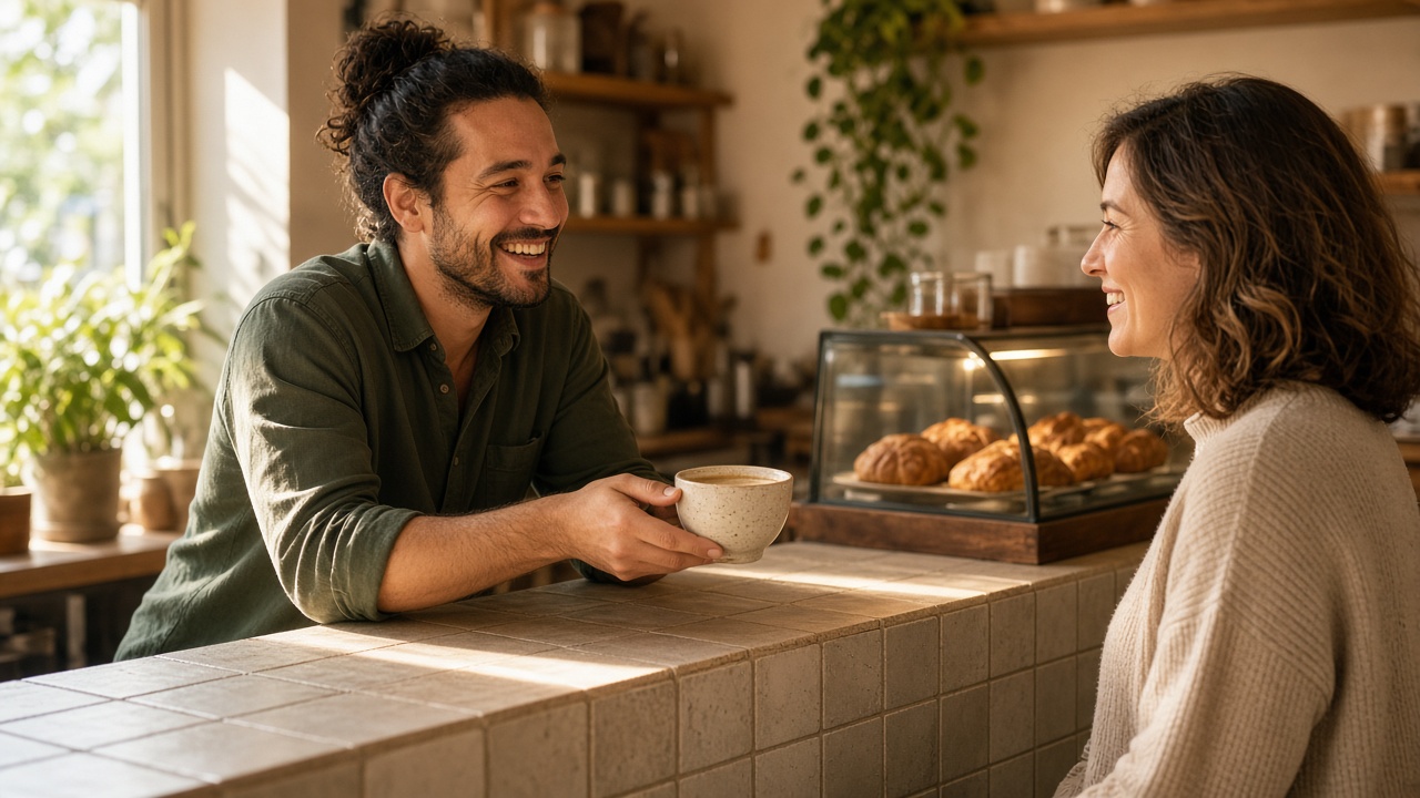 A barista smiling while serving a customer