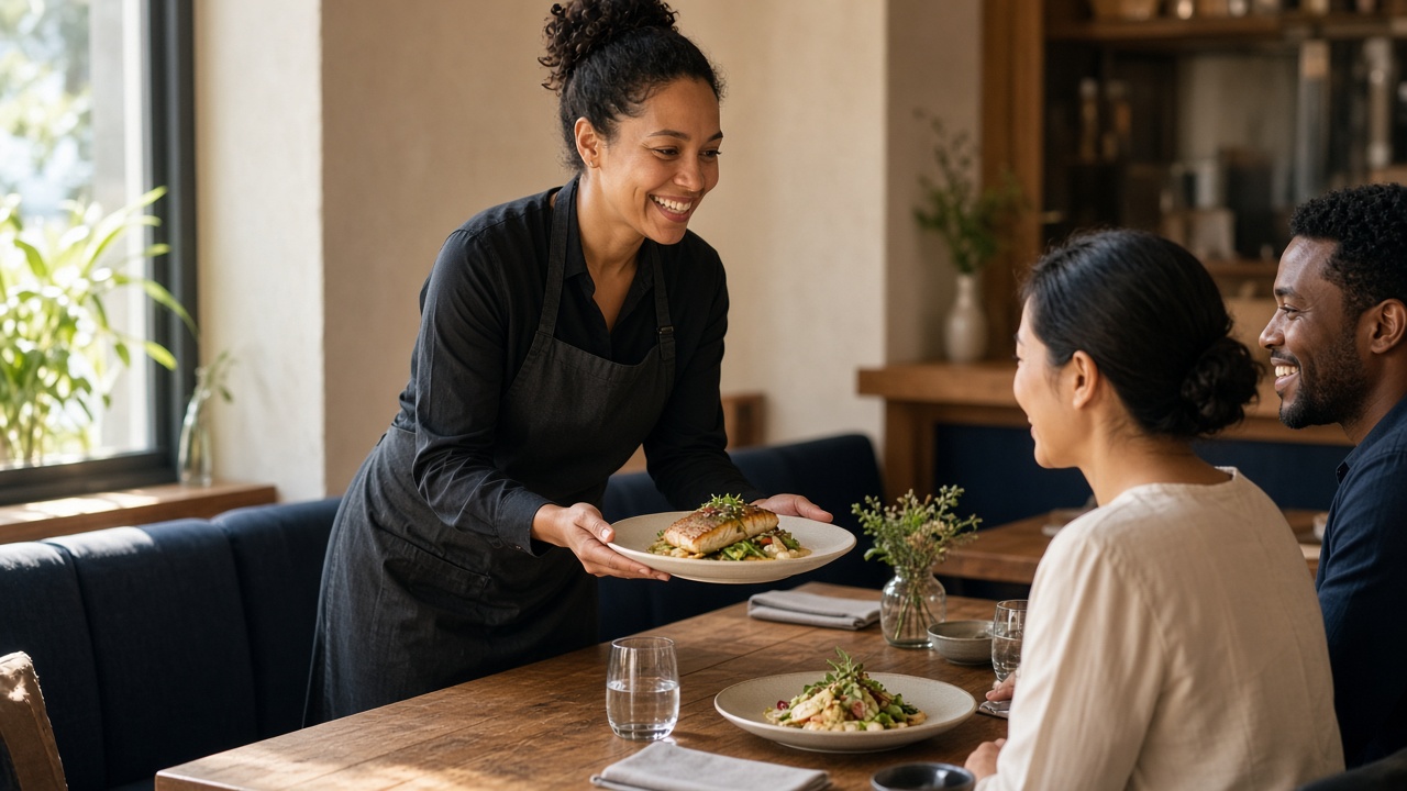 A restaurant server smiling while presenting a dish to guests at their table