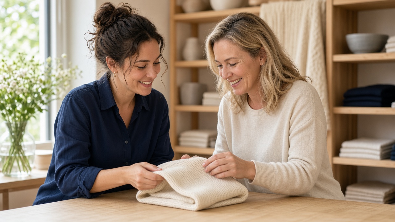 A shop assistant smiling while helping a customer choose an item